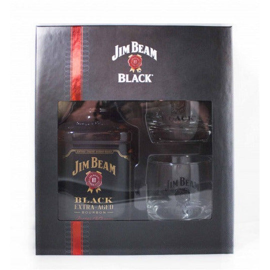 JIM BEAM BLACK W/2 ROCKS GLASSES